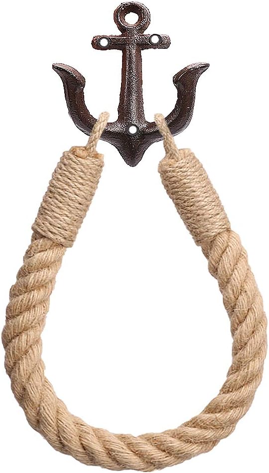 Nautical Toilet Paper Holder Rustic-Industrial Wall-Mounted Nautical Toilet Paper Towel Ring with Metal Hook for Bathroom Decor(Brown)