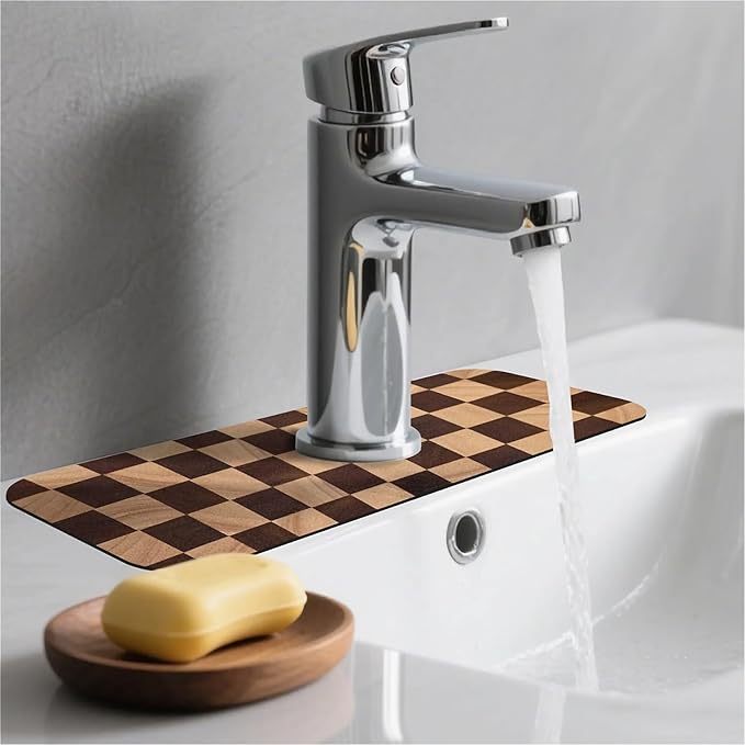 Kitchen Sink Splash Guard，Wooden checkerboard Faucet Mat Sink Gadgets-Super Absorbent Fast Drying Mat Drip Catcher for Kitchen, Bathroom,Sink Mat, Dish Drying Mat, Bathroom(15" X 5.5" )