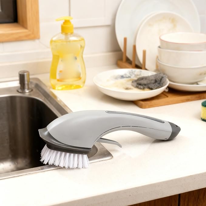 Soap Dispensing Dish Brush, Kitchen Scrub Brush with Soap Dispenser Fillable Long Grips Brush for Pans Pots Sink and Bathtub Washing, Green/Gray(Gray)