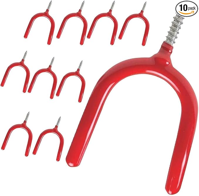 10 Pack Screw-in U Utility Hooks,Red Vinyl Coated Steel Wall Mount Garage Storage Hanger for Shed Yard,Heavy Duty Tool Hangers for Broom,Rake,Mop,Shovel,Garden Tools,Workshop Organizer System Hooks