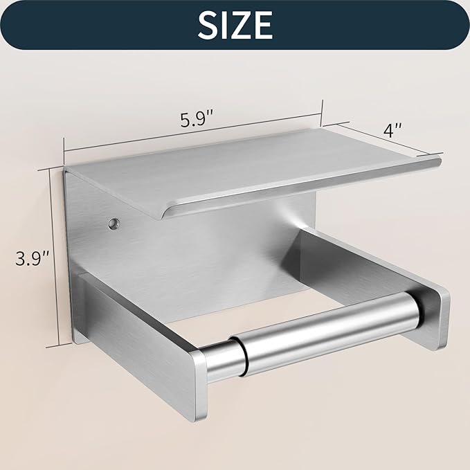 Toilet Paper Holder with Shelf, Toilet Paper Holder Wall Mount Adhesive for Bathroom Washroom RV with Spring Rod, Brushed Nickel