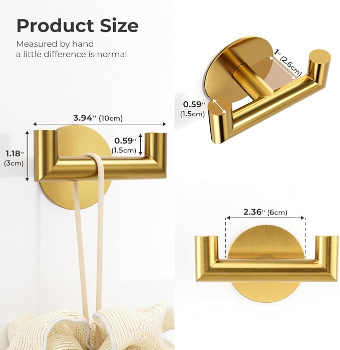 2 Pack Brushed Gold Bathroom Hooks for Towels - Self Adhesive Double Hooks for Wall, No Drilling, Stainless Steel 304, Strong Hold for Robes, Coats, Shower Use