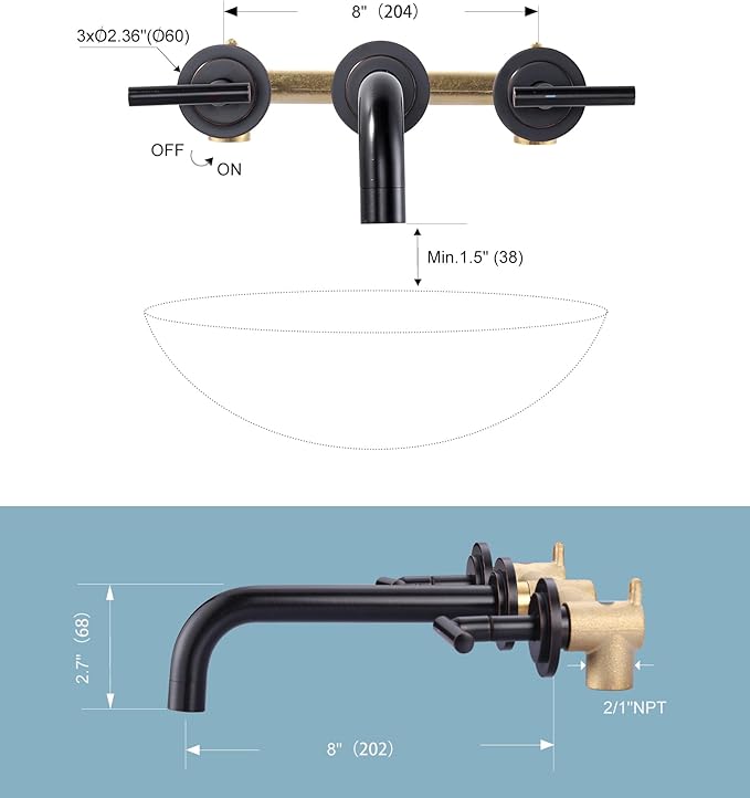 Wall Mount Bathroom Faucet:Oiled Rubbed Bronze Wall Faucet High Flow Two Handles Stainless Steels,Long Spout Reach,Widespread Bathroom Sink Faucet with Rough-in Valve 3 Holes Elegant Classic Spout