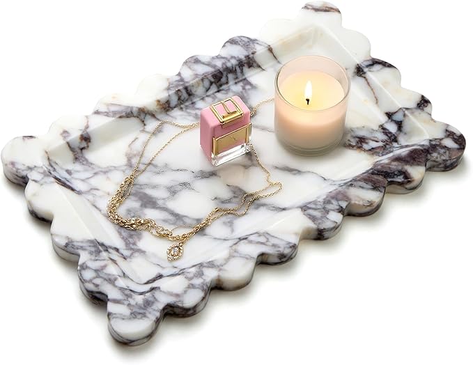 Calacatta Viola Natural Marble Tray, Scalloped Bathroom Tray, Luxury Decorative Trays for Bathroom, Vanity, Dresser, Kitchen & Home Decor, House Warming Gifts New Home (Rectangle,12x7.4 Inch)