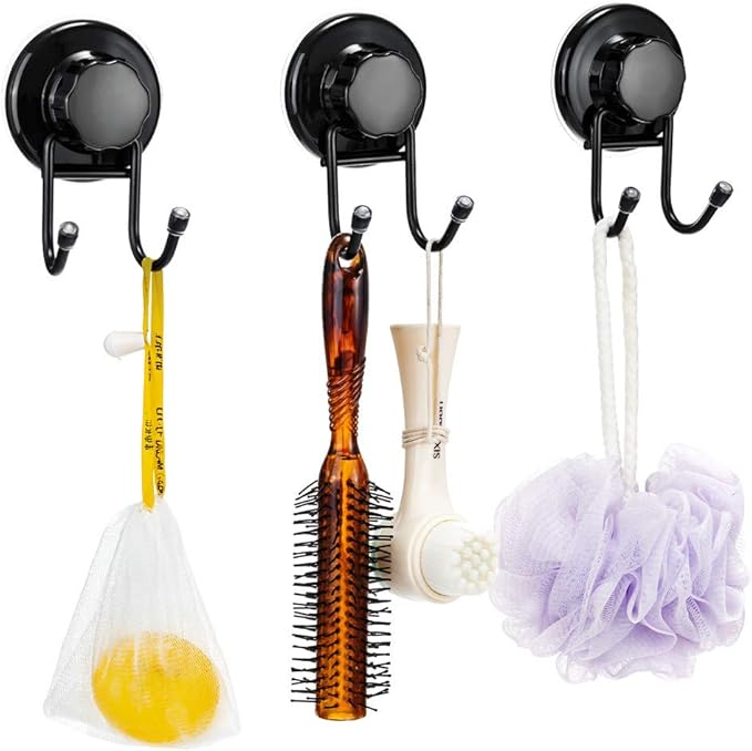 SANNO Suction Cup Hooks, Shower Squeegee Holder Towel Robe Loofah Hook Hanging for Bathroom Kitchen, Black