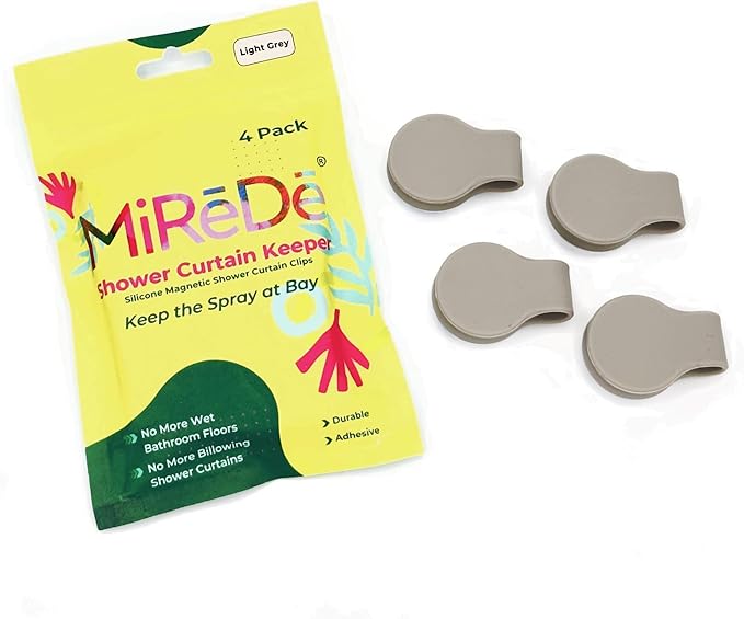 4 Pack Self Adhesive Shower Curtain Clips – Wall Mounted Clips Keep Curtain Closed and Contain Water Inside Shower – Easy Install Bathroom Splash Guards – Shower Accessories (Light Grey)