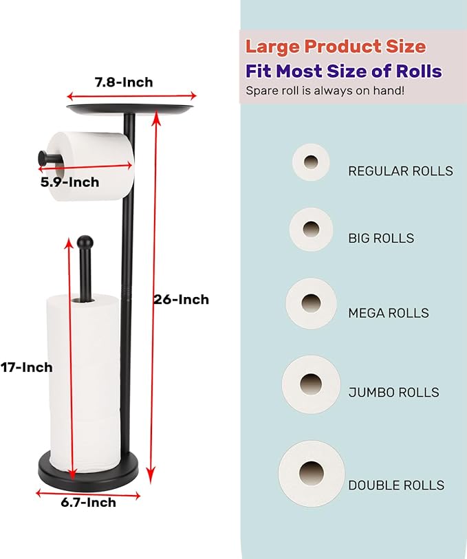 Black Toilet Paper Holder Stand, Freestanding Toilet Paper Holder with Shelf for Small Items, Toilet Paper Stand with Storage Space for 4 Extra Toilet Paper Rolls