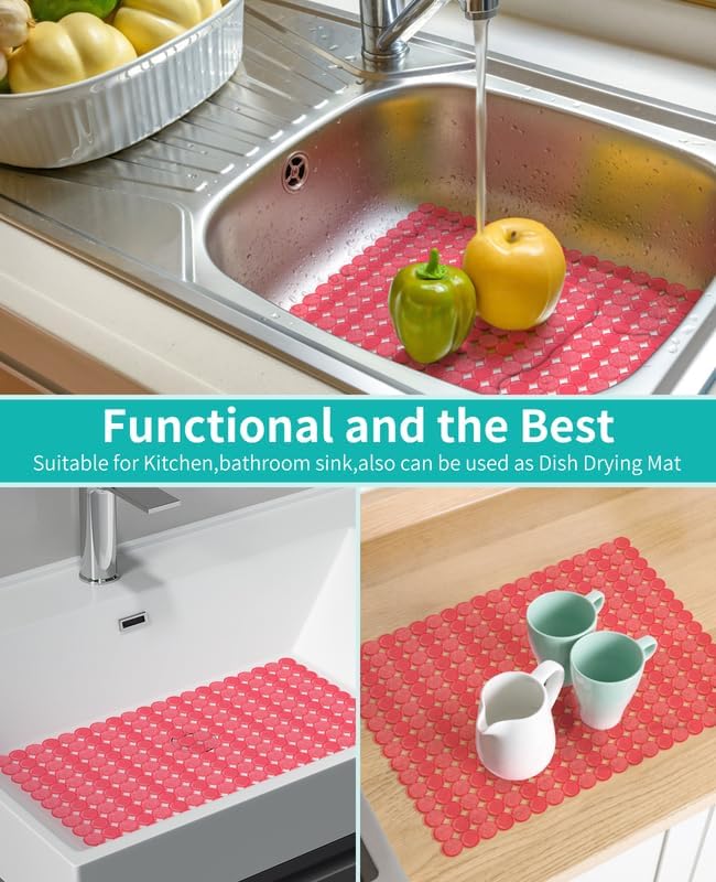 Bligli 2-Pack Kitchen Sink Mat: PVC Eco-Friendly Adjustable Sink Protector | Sink liner Pad | Dish Drying Mats, Easy to Clean & DIY Cut | 15.7 x 11.8 inch (Red)