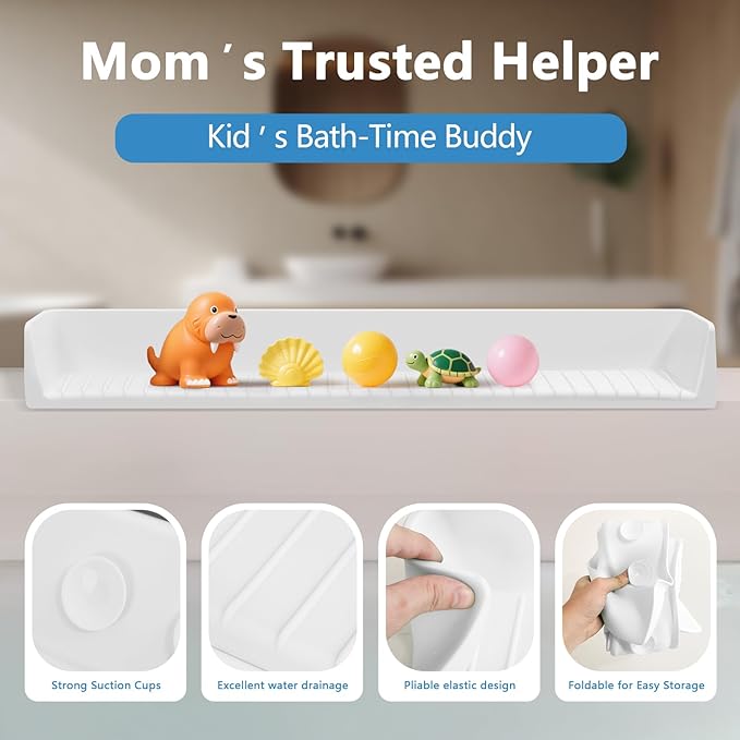 2.6-Ft Bathtub Splash Guard for Tub Kids, Silicone Splash Shield with 11 Suction Cups, Toy Tray Shelf, No Spill Water Barrier, Prevents Mess, Fun Bathtime for Toddlers Baby–White