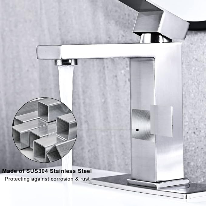 Brushed Nickel Bathroom Faucet, Single Hole Vanity Bath Faucet, Single Handle Modern Stainless Steel Bathroom Faucets for Sink 1 Hole with Pop Up Drain Stopper & Water Supply Hoses