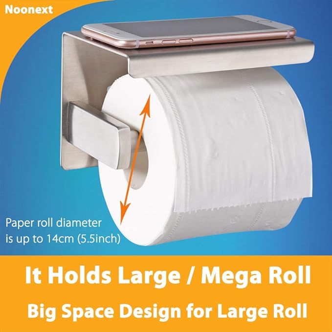 Adhesive Toilet Paper Holder with Shelf, Toilet Paper Roll Holder Wall Mounted, Fits Mega Roll, Stainless Steel Tissue Roll Dispenser Storage No Drilling (Brushed Nickel)