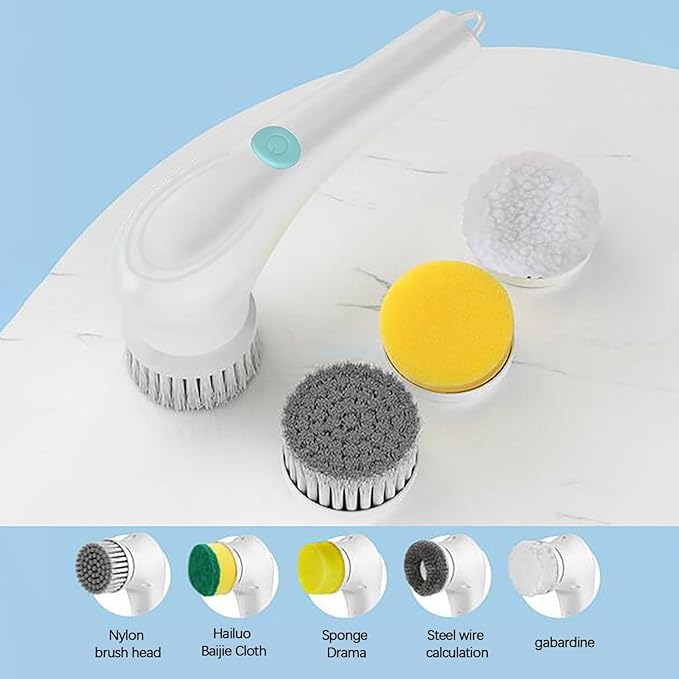 Electric Spin Scrubber, Cordless Cleaning Brush, 5 Brush Heads Rotary Power Cleaner, 90 Mins Runtime, Rechargeable Deep Clean Brush for Bathroom Kitchen Sink Tile Glass and Car (White)