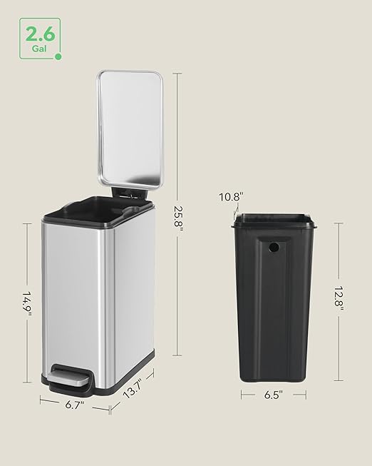 Small Bathroom Trash Can with 15 Garbage Bags,2.6 Gallon Stainless Steel Garbage Can with Lid Soft Close,Small Trash Bin for Bathroom,Kitchen,Home Office,Silver