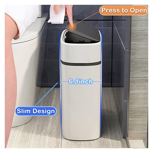 14 Litre Trash Can with Press Top Lid, 3.7 Gallons Plastic Garbage Bin, Slim Wastebasket