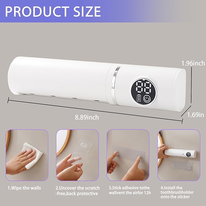 Toothbrush Holders for Bathroom, Smart Automatic Cleaning and Recirculating Air Dry, LED Display, Rechargeable Wall Mounted Toothbrush Holder, Creative Fashion Bathroom Accessories (White)