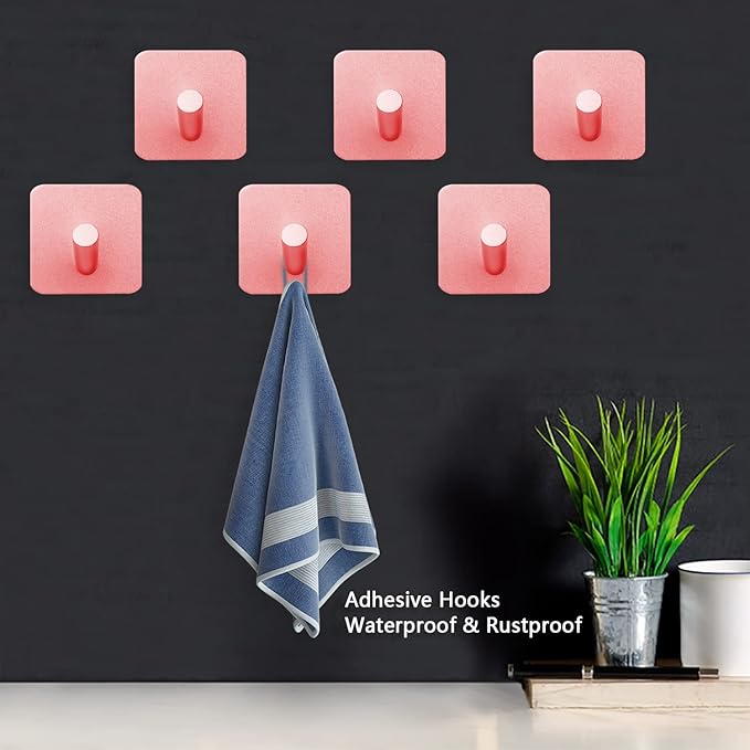 PMMASTO Self-Adhesive Towel Hooks - Sticky Heavy Duty Wall Robe Coat Hook for Hanging- Shower Hooks(Rose Gold, “/ ”Shape 6PC)