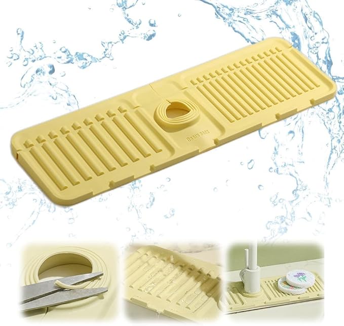 Faucet Mat for Kitchen Sink - 2024 Premium Upgrade: Enhanced Silicone Splash Guard with Rapid Drying & Dish Soap Sponge Holder, Perfect for Stone Sinks in Kitchen & Bathroom (Pale Yellow, 1 PCS)