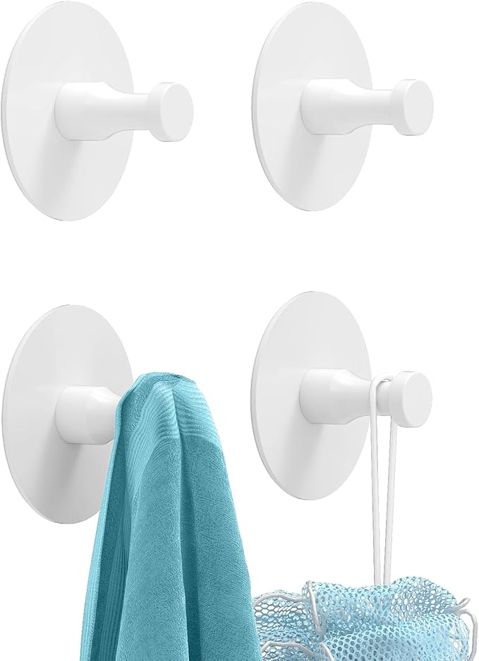 Adhesive Hooks for Walls No Damage 4 PCS, Heavy Duty Aluminum Strong Adhesive Towel Hooks for Bathrooms for Inside Shower for Hanging Loofah, Clothes, Robes
