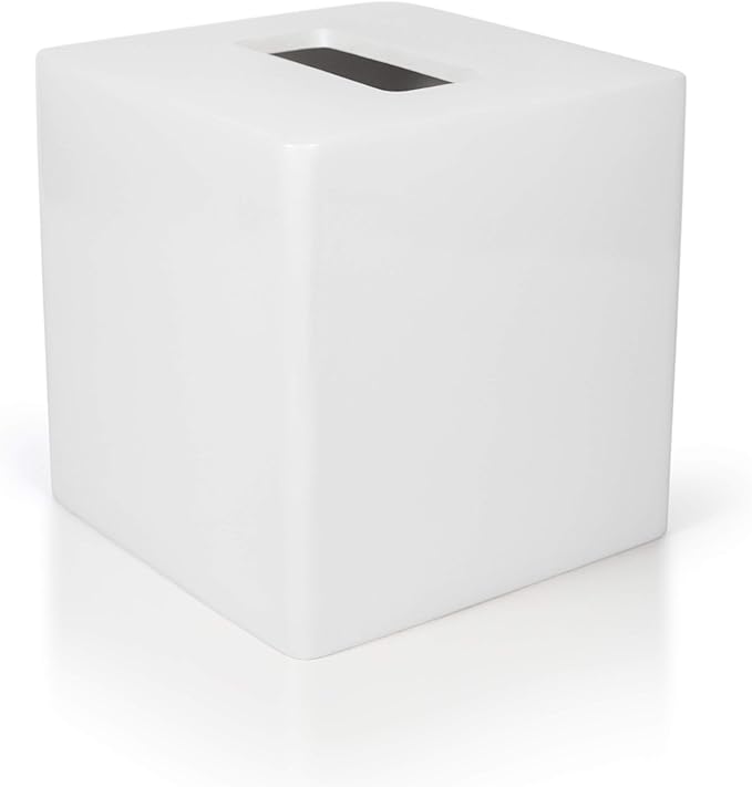 White Tissue Box Cover - Modern Tissue Holder, Lacquer High Gloss Finish & Rounded Edges - Cube Square Box. Bathroom, Desks, Kitchen Countertop, Dressers - Wont Move When You Pull a Tissue!