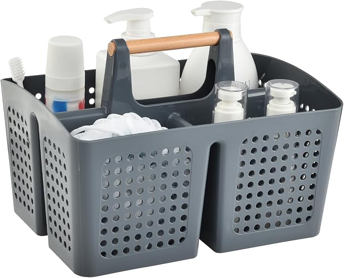 Portable Shower Caddy Basket with Compartments, Plastic Divided Cleaning Caddy Organizer Storage Tote with Handle for Bathroom, College, Dorm Room Essentials, Dark Gray