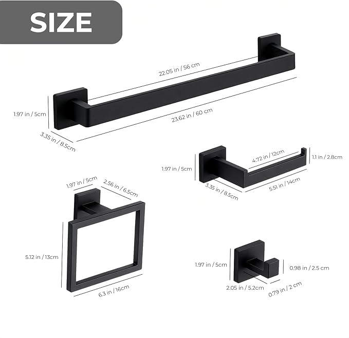 5 Pieces Matte Black Bathroom Hardware Accessories Set, 23.6 Inch Stainless Steel Towel Bar Set, Wall Mount Toilet Paper Holder, Towel Holder, Towel Hooks for Bathroom