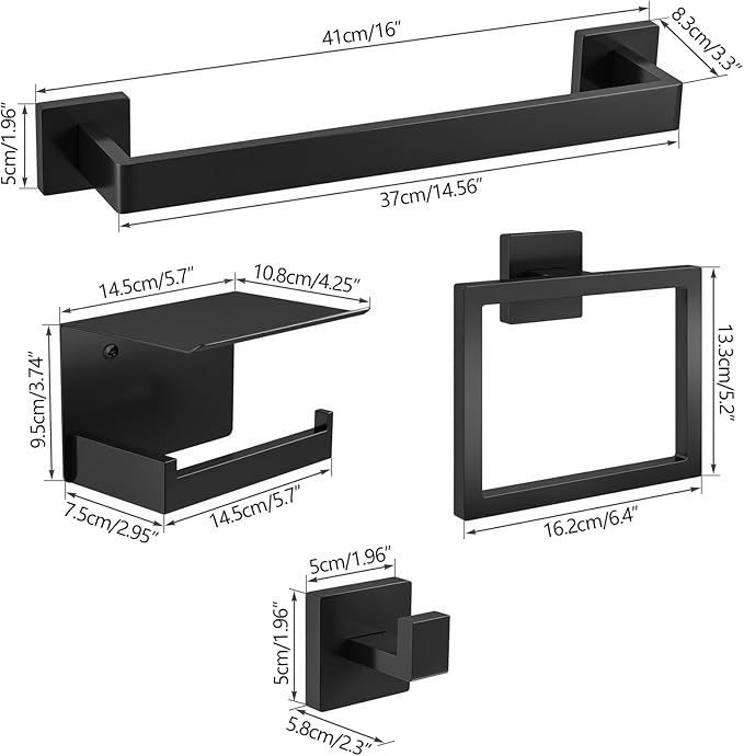 Matte Black Bathroom Accessories Hardware Set 5-Piece, Stainless Steel Towel Racks for Bathroom, 16 Inch Bath Towel Bar Set Wall Mounted