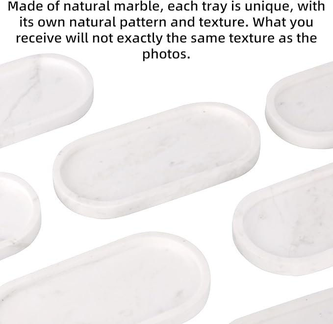 Oval Marble Bathroom Vanity Tray, Natural Luxury Marble Home Kitchen Bathroom Table Tray, Stone Decorative Countertop Serving Trays for Coffee Perfume Jewelry Makeup (White, 10 * 5 * 0.6)