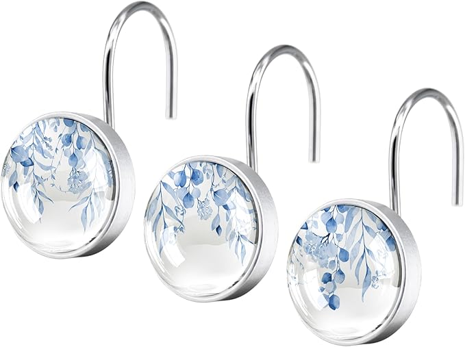 12 Pcs Blue Eucalyptus Shower Curtain Hooks – Farmhouse Resin Shower Rings, Rustproof Stainless Steel Curtain Hangers for Bathroom Decor