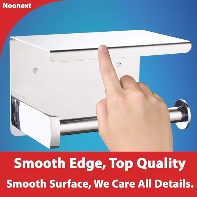 Noonext Toilet Paper Holder with Shelf Wall Mounted, Adhesive Toilet Paper Roll Holder, Stainless Steel Tissue Roll Dispenser Storage, Adhesive No Drilling Or Drilling with Screws (Polished Chrome)