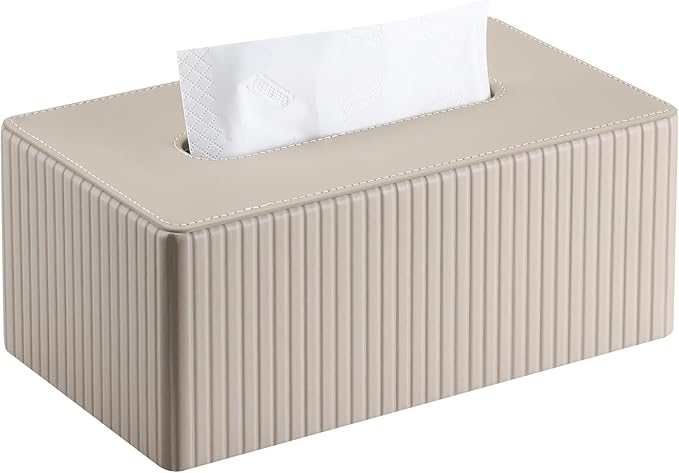 KINGFOM PU Leather Tissue Box Cover Rectangular Tissue Box Holder with Magnetic Bottom, Napkin & Facial Tissue Holder Dispenser for Home, Office (Decorative Pattern-PU Leather, Beige Stripe)