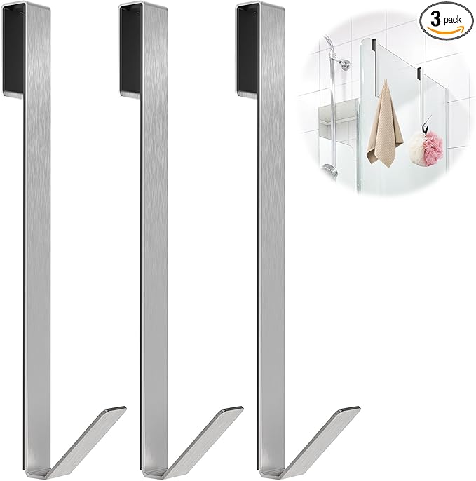 Linone 10 in Shower Door Hooks, Towel Hooks for Bathrooms, Shower Hooks for Towels, Heavy Duty Drilling-Free Extended Over Door Towel Hooks for Frameless Glass Shower Door, 3 Pack