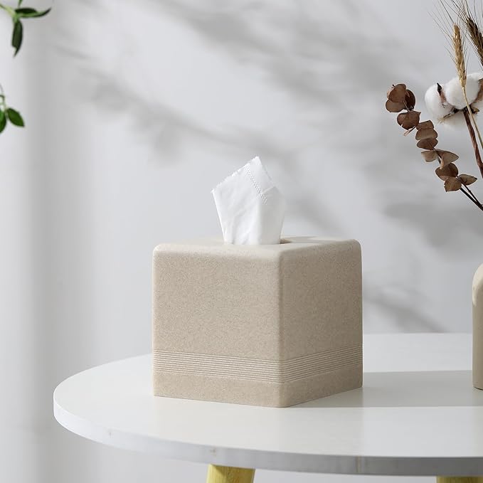 Tissue Box Cover Square, Resin Facial Tissue Holder Covers Cube Toilet Paper Holder Case Dispenser Home Decorative for Bathroom Kitchen Bedroom Living Room Office (Beige)