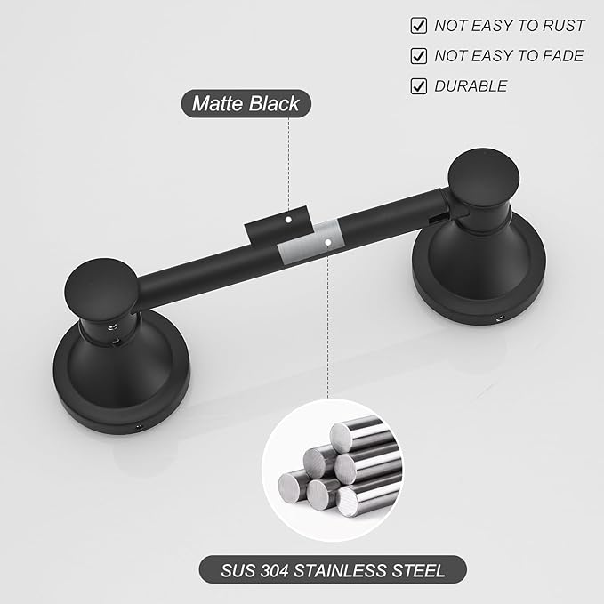 BESy Wall Mounted Toilet Paper Roll Holder Rustproof Toilet Tissue Holder Bathroom Flexible Pivoting Handle Tissue Roll Holder, Matte Black, Stainless Steel