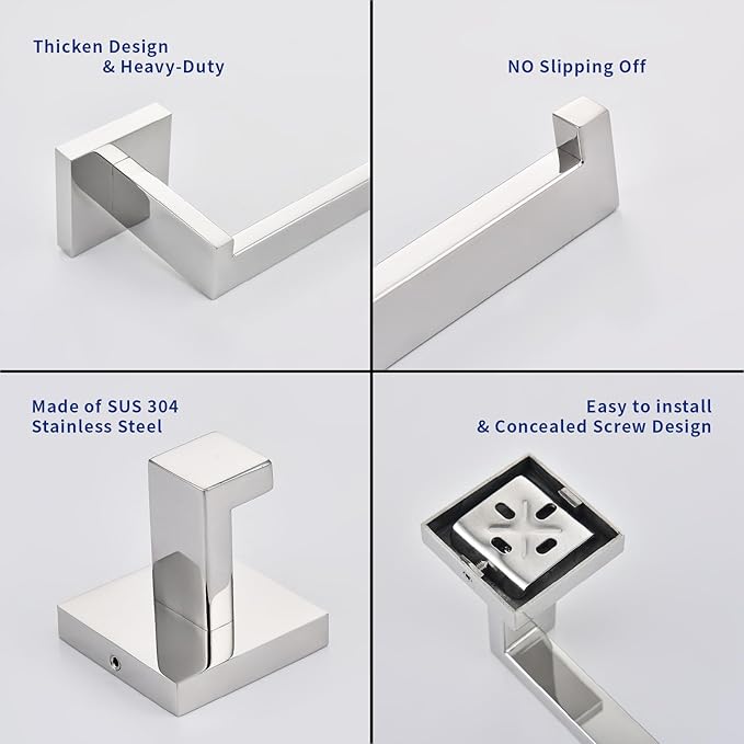 TASTOS 5-Piece Bathroom Hardware Set Wall Mounted Bathroom Accessory Set, Premium Stainless Steel Robe Hook Toilet Paper Holder 24-Inch Towel Bar (Polished)