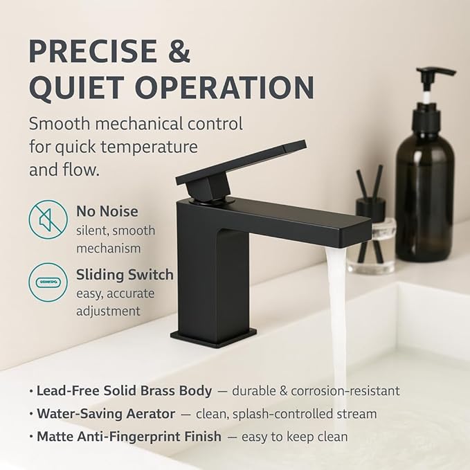 Single Hole Bathroom Faucet， Matte Black Brass Sink Faucet for Bathroom Vanity, CUPC Hose, Pop-Up Drain & Anti-Splash Bubbler，Easy-Install for Farmhouse, RV & Vanity