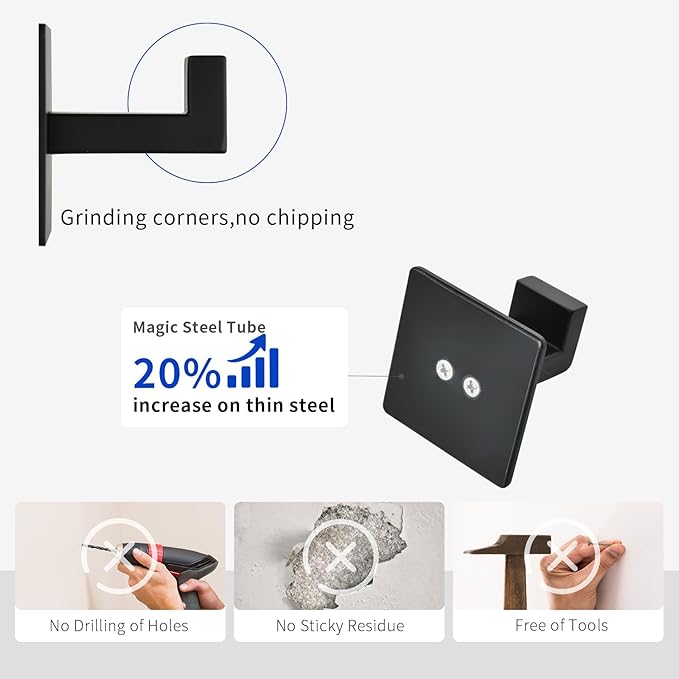 Matte Black Adhesive Hooks, 2-Pack Stainless Steel Right Angle Hooks for Towels, Robes, Hats - No Drill Bathroom & Kitchen Organization, Rust-Proof for Smooth Surfaces