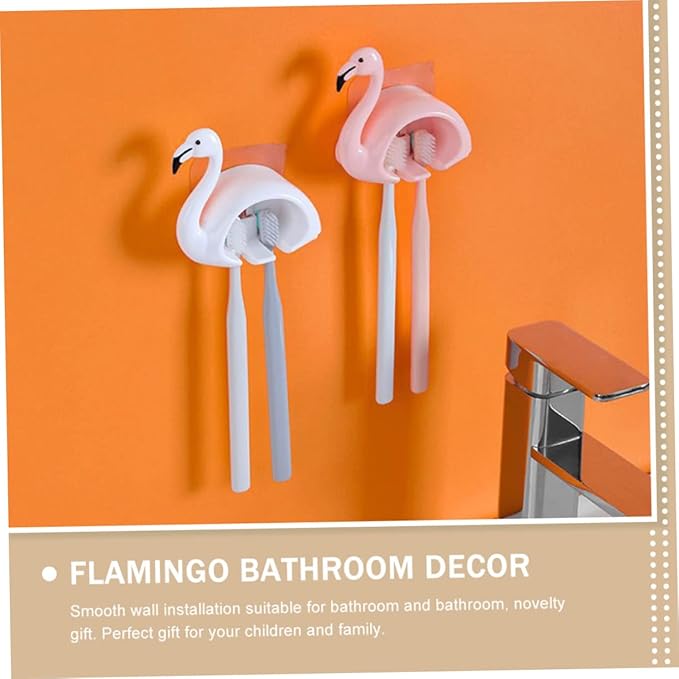 Unomor 2pcs Flamingo Toothbrush Holder Wall Mounted Electric Brush Organizer Punch Installation Cute Cartoon Design for Bathroom Storage and Family Use
