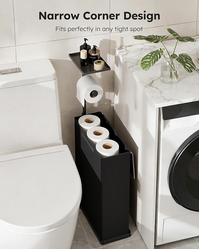 Toilet Paper Holder Free Standing with Storage for Up to 12 Rolls,Rustproof Metal Toilet Paper Stand with Shelf,All-in-One Toilet Tissue Roll Dispenser and Organizer with a Lidded Basket,Black