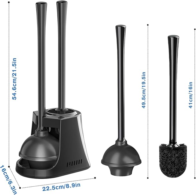 Toilet Plunger and Brush, Bowl Brush and Heavy Duty Toilet Plunger Set with Ventilated Holder, 2-in-1 Toilet Brush and Plunger Combo for Bathroom Cleaning (2, Black)