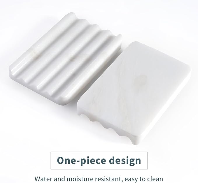 2 Pcs Soap Holder for Bathroom, Marble Soap Dish for Kitchen Countertop, Soap Tray with Creative Wavy Design, Soap Saver for Bath Tub, Sponges, African Natural Stone(Namib Bianco)