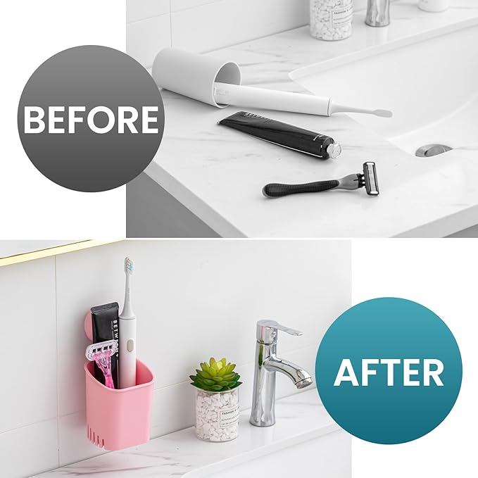 TAILI Suction Toothbrush Holder, Shower Toothbrush Holder for Wall, Powerful Toothpaste Toothbrush Suction Cup, Self-draining Shower Razor Holder, Kitchen Tableware Holder, 2 Pack, Pink