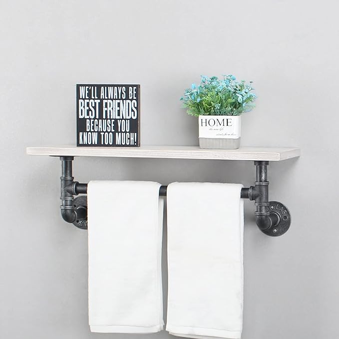 MBQQ Iron Pipe Shelves Industrial Bathroom Shelves with Towel bar,24in Rustic Metal Pipe Floating Shelves Pipe Wall Shelf,1 Tier Industrial Shelf Wall Mounted,Retro White