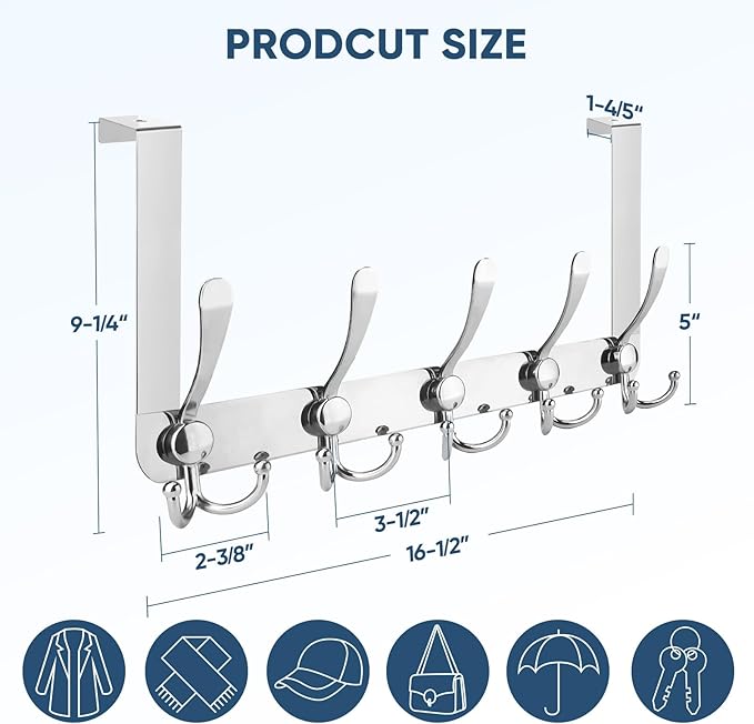 TICONN Over The Door Hooks, 5 Heavy Duty Tri Coat Rack All Metal Coat Hanger for Bathroom Bedroom Dorm (Chrome, 2PK, Fit 1-3/4" Doors)