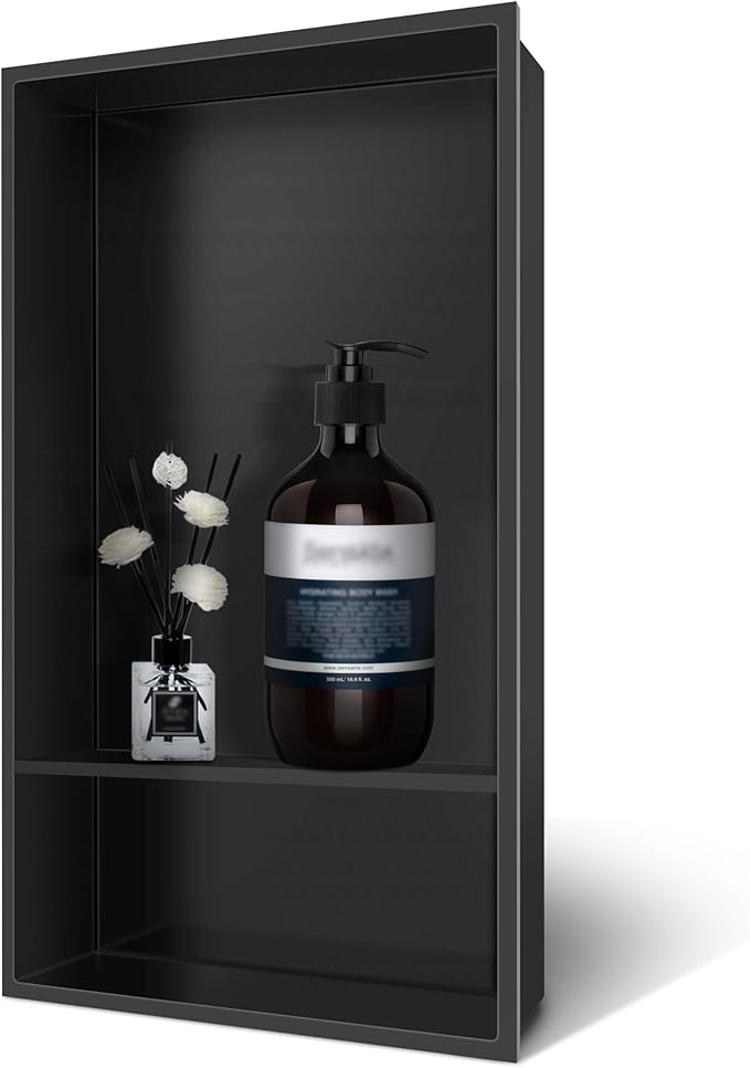 Shower Niche 13" X 25" Black, Stainless Steel Wall Niche Double Shelves Recessed Shower Shelf for Bathroom Storage, No Tile Needed Over Mount Installation