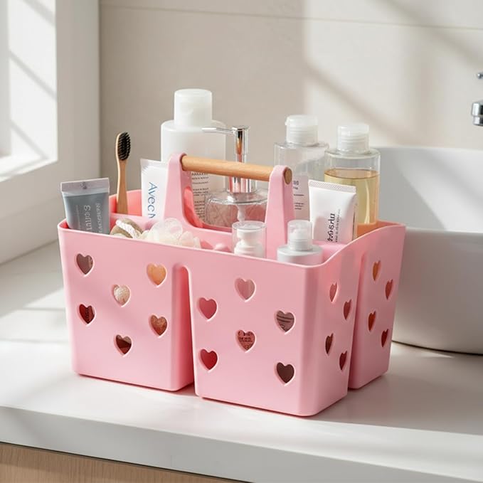 Pink Portable Shower Caddy with Handle, Large Plastic Shower Basket Organizer for College Dorm Room Essentials, Bathroom, Gym, Camping, Non-Slip Drainage Design for Toiletries & Cleaning Supplies