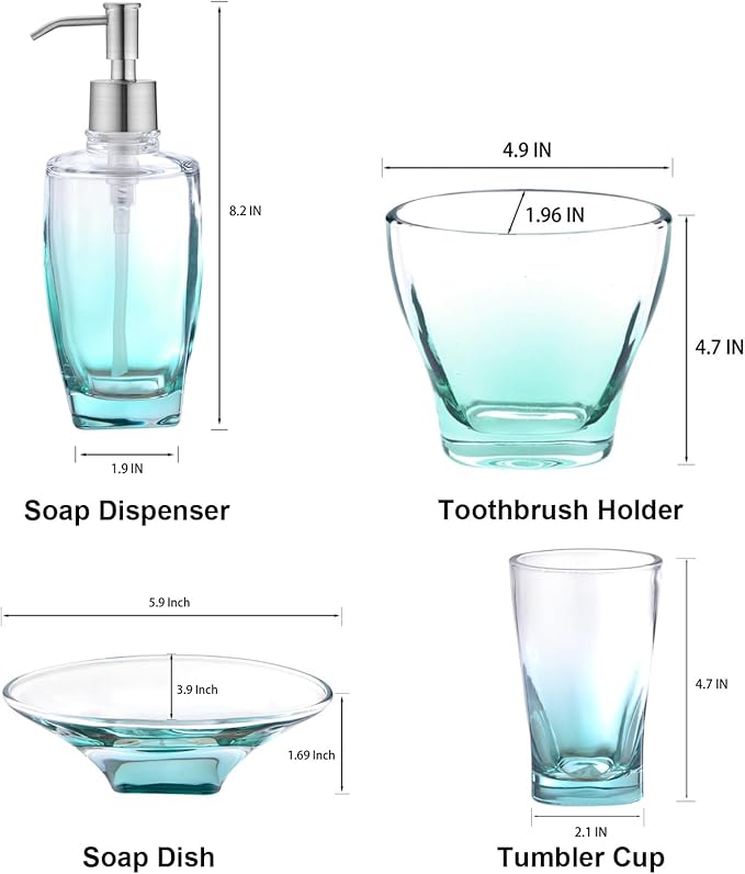 Teal Glass Bathroom Accessories Set 5 Pieces – Green Bathroom Set with Soap Dispenser, Toothbrush Holder, 2 Tumbler Cups, Soap Dish