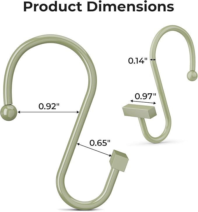 Sage Green Shower Curtain Hooks, Bathway Shower Curtain Rings Rust Proof, 12PCS Shower Hooks for Shower Curtain, T-Bar Design Convenient Elegant Shower Curtain Hangers for Bathroom Kitchen Wardrobe
