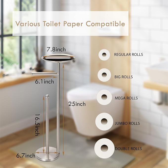 Toilet Paper Holder Freestanding with Big Shelf, 4 Rolls Reserve Paper Holder Stand, Modern Paper Roll Holder with Storage Space for Phones (Brushed Nickel)