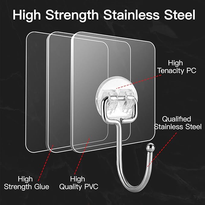 Large Adhesive Hooks for Hanging Heavy Duty 44 lb(Max) 30 Pack, 304 Stainless Steel Self Adhesive Sticky Hooks Waterproof Wall Hook for Home Bathroom Shower Kitchen Outdoor Utility Hook