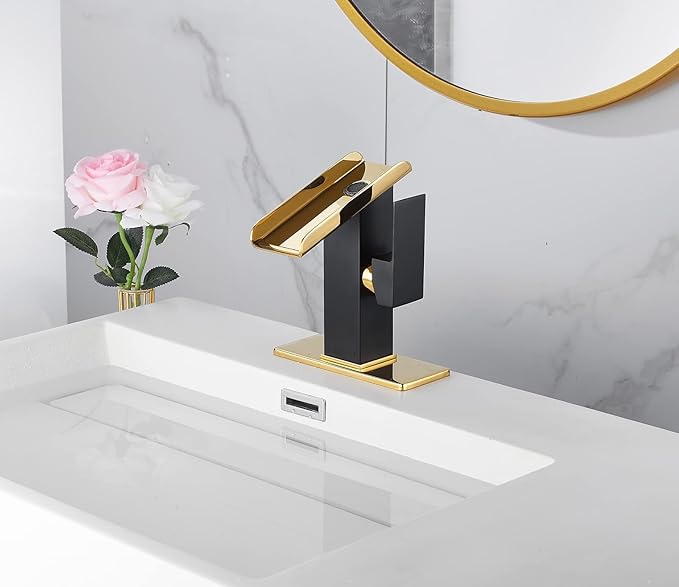 One Hole Bathroom Faucets LED Waterfall Spout Black and Gold RGB 3 Colors Light Changing Temperature Lavatory Vanity Sink Faucet Brass Single Handle Modern Washbasin Bath Tap Commercial Residential